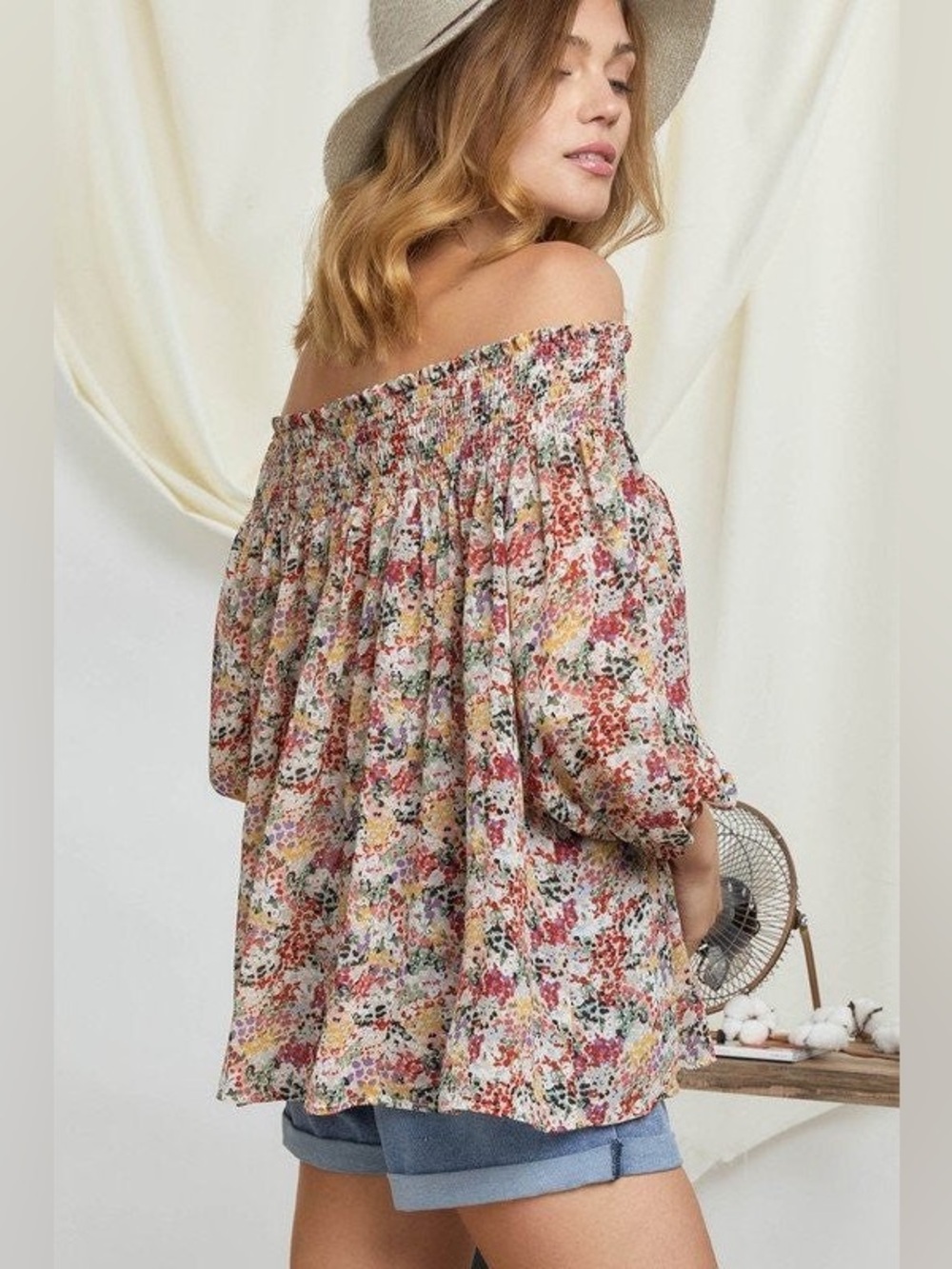 Davi & Dani Floral Smocked Off Shoulder Button Front Peasant Blouse.